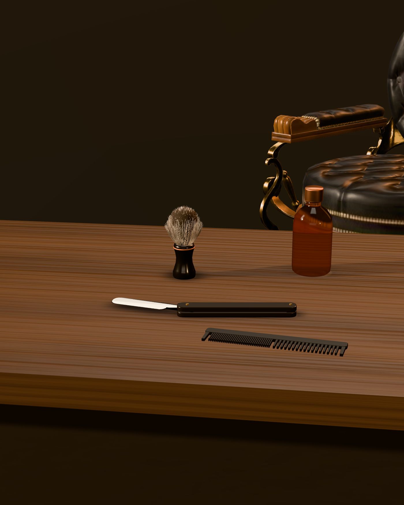 Composição 3D ilustrativa: navalha, pente, pincel de barbear e frasco âmbar sobre uma bancada de madeira escura, com uma cadeira de barbeiro ao fundo.