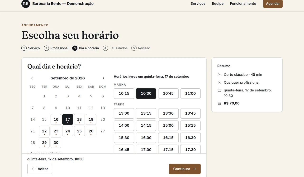 Tela de agendamento da Barbearia Bento com calendário e horários livres
