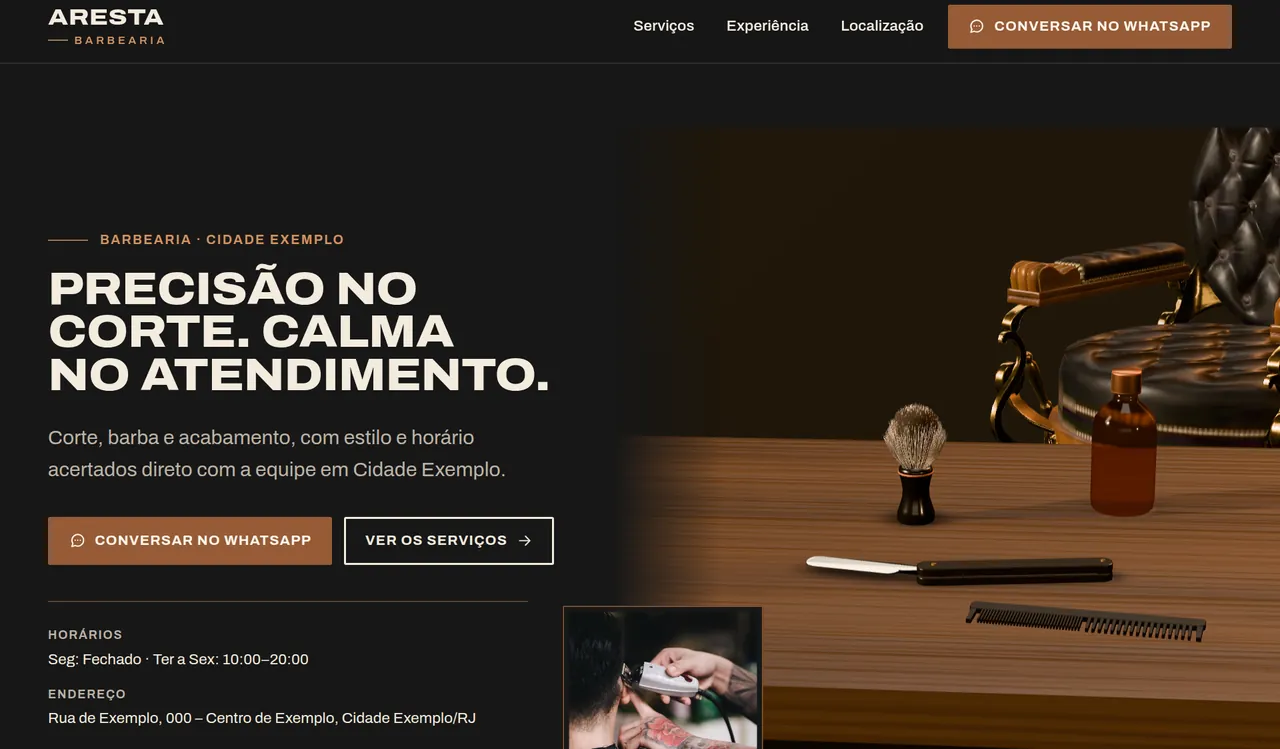 Landing page da barbearia Aresta: título, serviços, horários e botão de WhatsApp