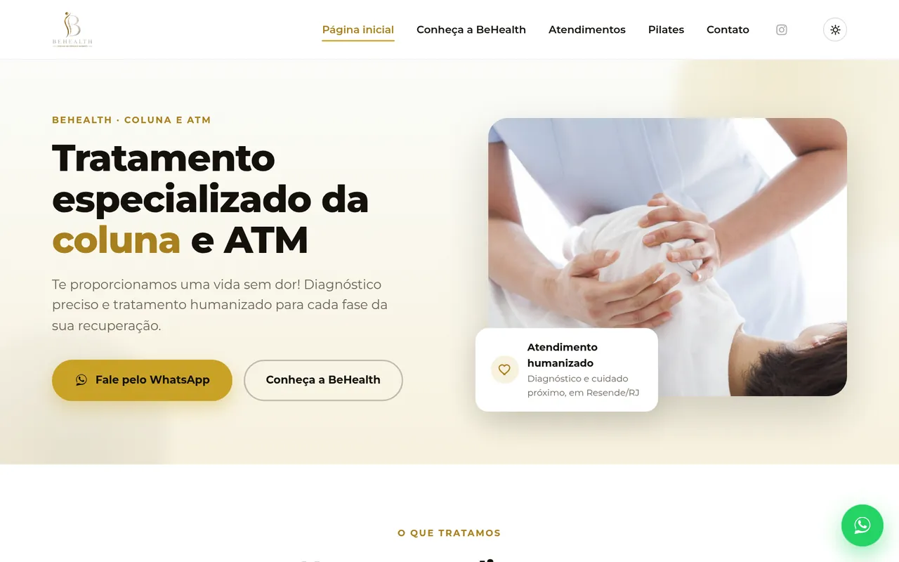 Site da BeHealth com o título Tratamento especializado da coluna e ATM