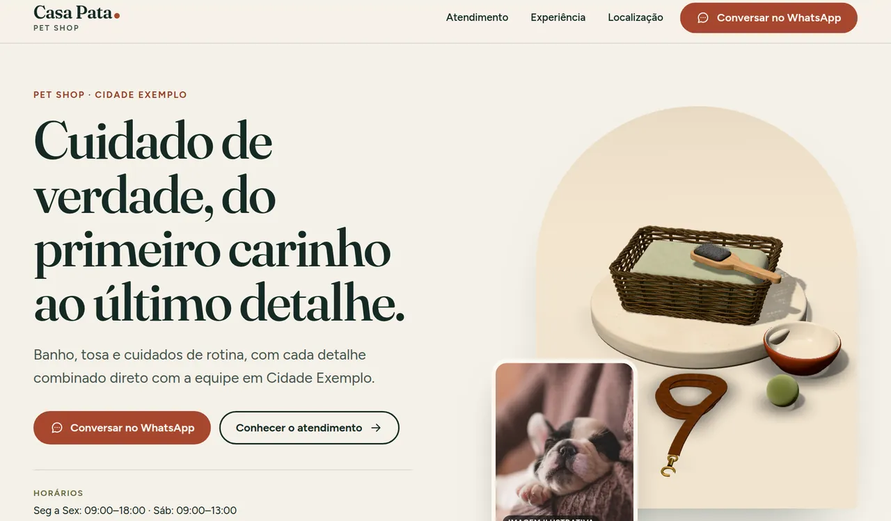 Landing page do pet shop Casa Pata: foto de um filhote, texto de apresentação e botão de WhatsApp