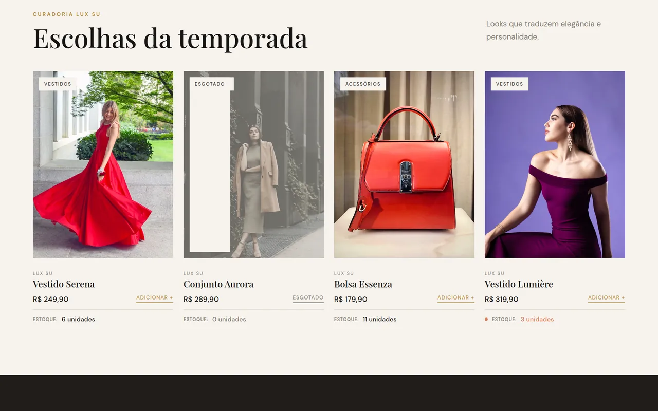 Grade de produtos da loja Lux Su: vestidos e bolsa com preço e estoque