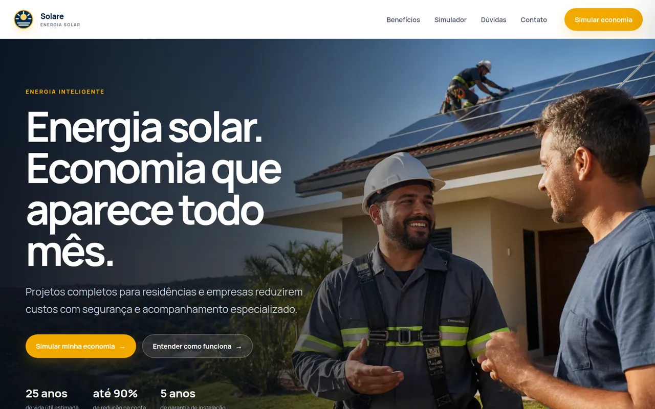 Landing page da Solare com título sobre economia na conta de luz